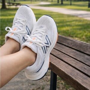 New Balance White and Orange Athletic Sneakers
